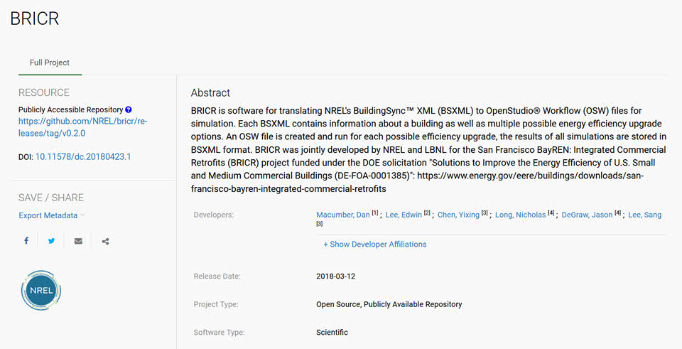 Figure 277887: Illustrates how DOE CODE displays a software project record